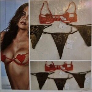 Forever 21 Lingerie red heart lace bra valentine's panties thongs bundle Size XL